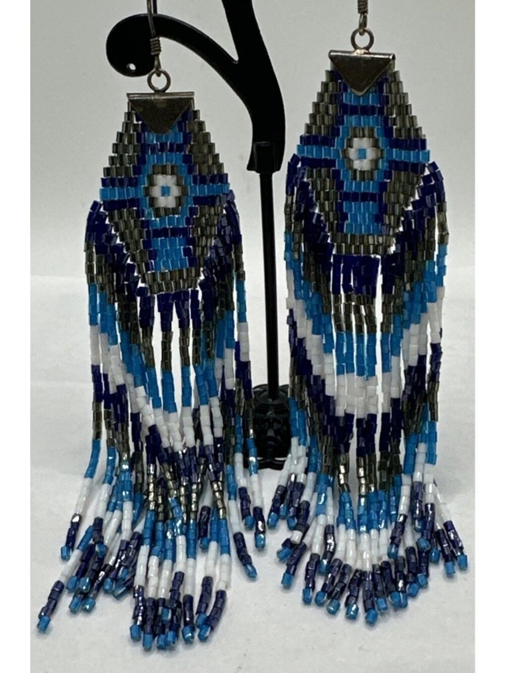 5” Long Blue White Beaded Fringe Earrings Native Style Seed Bead Dangle Boho
